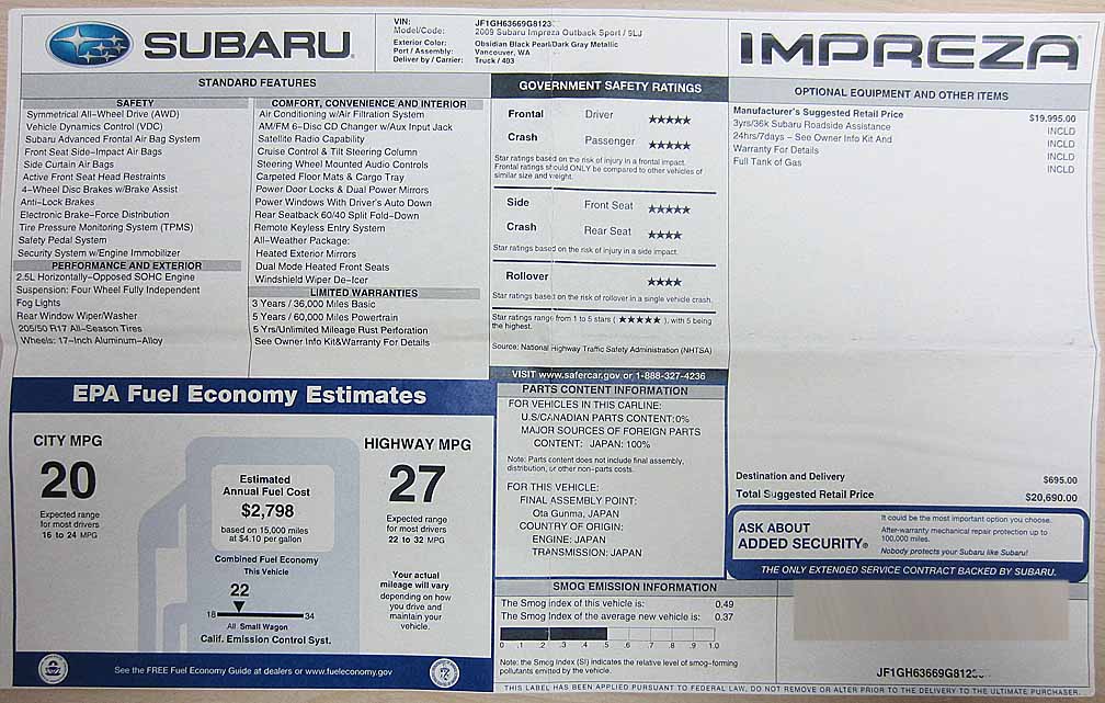 2009 subaru impreza outback sport window sticker