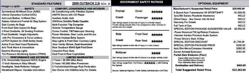 2009 Outback window sticker, 9DA, 9DB