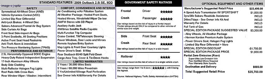 2009 Outback 2.5i SE window sticker