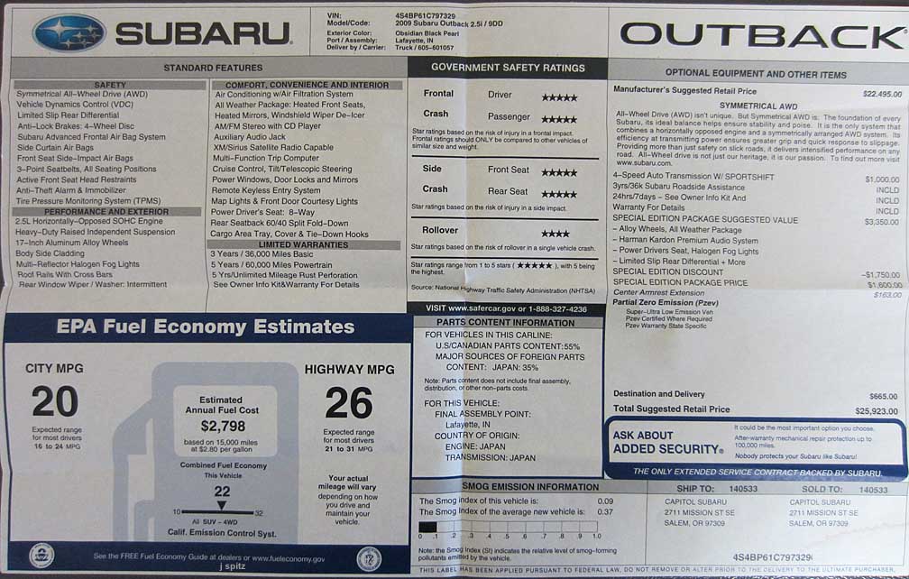 2009 outback SE special edition monroney window price sticker