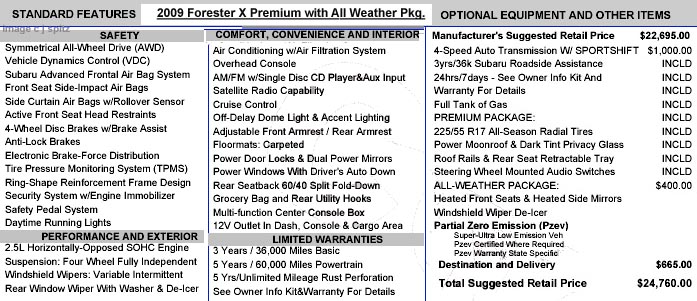 2009 Forester X Premium window sticker