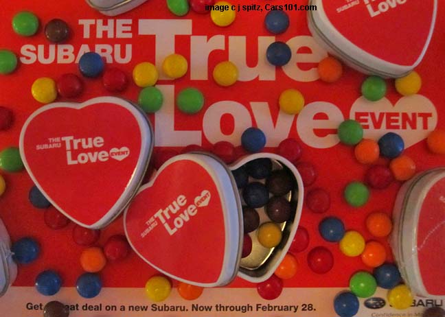 2013 Subaru True Love Event Valentine's Day heart shaped tins with candy covered chocolates