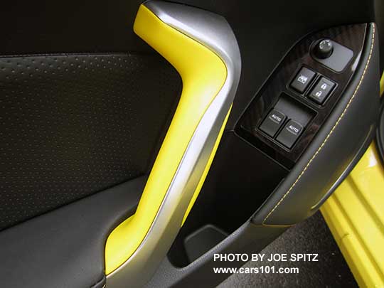 2017 Subaru BRZ Limited Series.Yellow driver's door panel with charlesite yellow and silver grab handle and yellow stitching