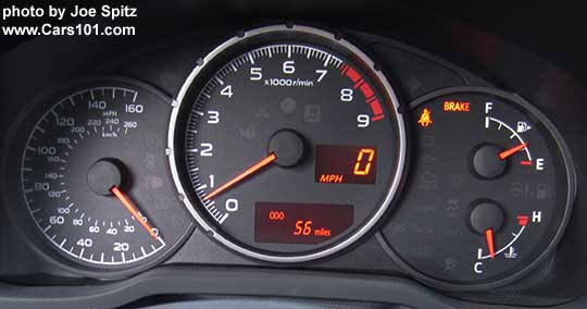 2017 Subaru BRZ Premium dash gauges- analog speedometer to 160 mph and center tachometer with digital odometer inset, analog fuel and engine temp gauge