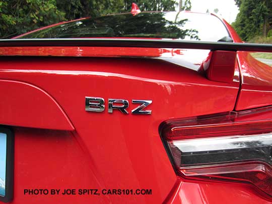 2017 BRZ Premium and Limited silver rear logo and black spoiler, pure red car