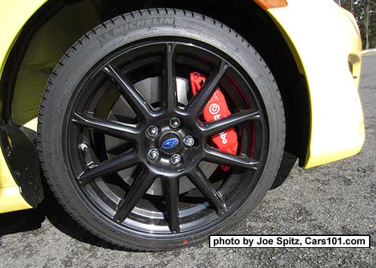 close up of the 2017 Subaru BRZ Limited Series.Yellow 17" black alloy wheel, red Brembo front wheel brake calipers
