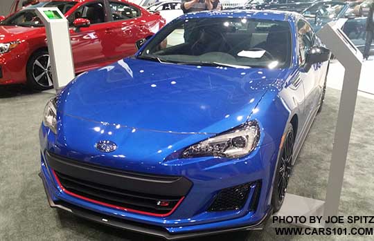 front view 2018 Subaru BRZ tS with with front underspoiler, red front grill accent stripe, red and chrome tS logo,  WR Blue color shown. Seen at the 2017 Seattle Auto Show