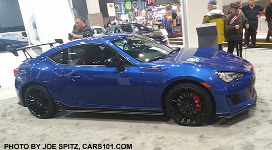 2018 Subaru BRZ tS, with adjustable STI carbon fiber rear spoiler, black BBS alloys. WR Blue color shown at the 2017 Seattle Auto Show