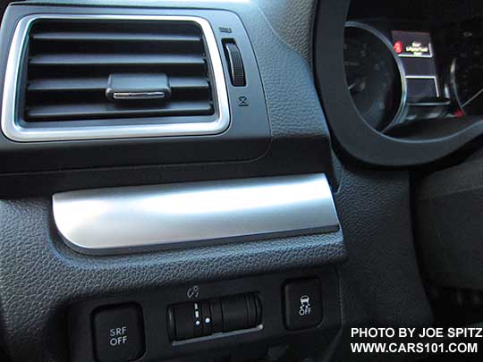 2016 Subaru Crosstrek 2.0i and Premium silver dash trim. Driver side shown.  Premium shown with optional Eyesight with steering responsive fog lights (SRF) and blind spot detection shown