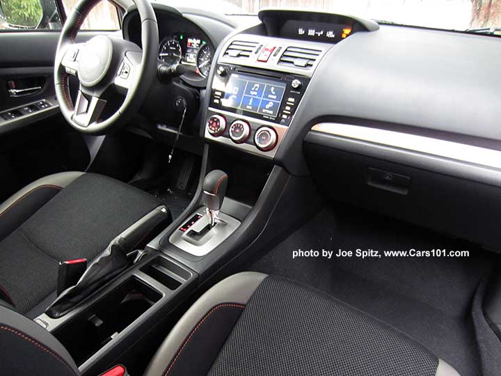 2016 Subaru Crosstrek Premium CVT with silver dash trim and shift surround, black cloth with orange stitching