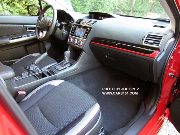2016 Crosstrek Premium Special Edition interior with red and gloss black dash trim, black cloth with red stitching