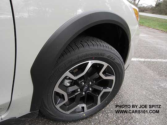 Desert Khaki color 2017 Subaru Crosstrek standard  wheel arch molding and standard 17" machined alloy wheel.