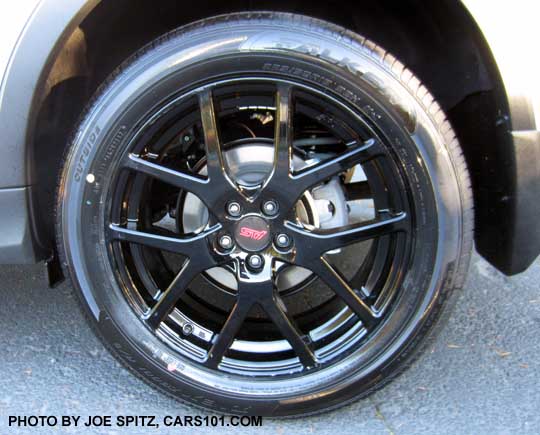 2018 Subaru Crosstrek optional black STI alloy wheel. 18" wheel shown. Available individually or part of the Sport Package with STI alloys, STI spoiler, STI shift knob.