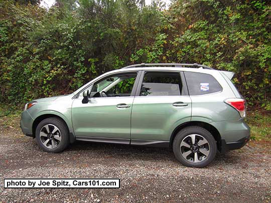 2017 Subaru Forester. Jasmine Green color, a pale green. Limited model shown.