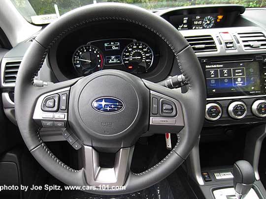 2017 Subaru Forester 2.5i Limited leather wrapper steering wheel with left audio and bluetooth control, and right cruise controls