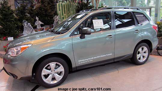 click for 2014 Forester specifications and details. Jasmine green 2.5 Touring shown. Jasmine Green