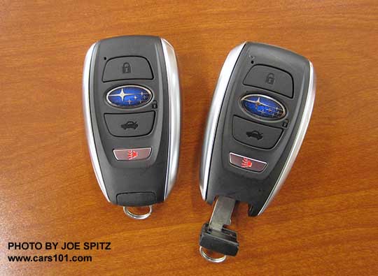 2017 Subaru Impreza pushbutton start ignition proximity fobs with lock/unlock, gate unlock and panic buttons, and physical driver's door unlock key shown partly pulled out