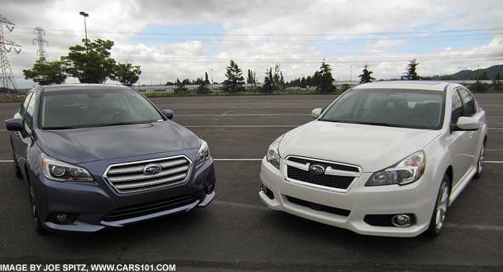 2014 and 2015 Subaru Legacy nose-to-nose, front grill to grill