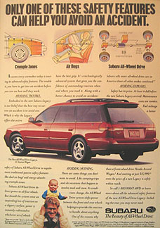 1995 Subaru ad promoting safety: crumple zones, airbags, all wheel drive