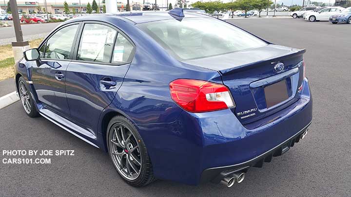 2017 and 2016 small rear trunk lip spoiler on a Subaru WRX STI Limited, lapis blue color