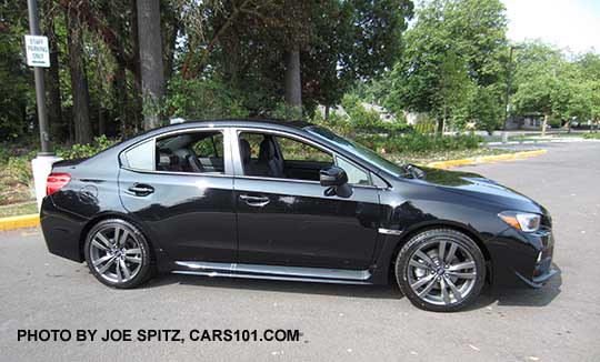 side view  2017 and 2016 Subaru WRX Limited, 18" gray split-spoke alloys crystal black color shown