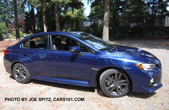 side view  2017 and 2016 Subaru WRX Limited, Lapis Blue color shown