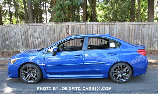 side view  2017 and 2016 Subaru WRX Limited,  WRBlue color shown, with optional side moldings