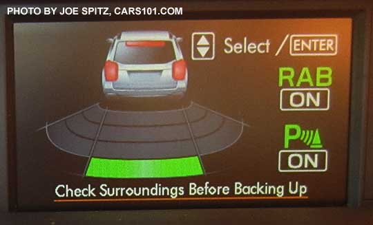 2017 Subaru WRX CVT with reverse automatic braking display in the trip computer showing where the object behind the car is.  In this image, it is directly behind the car.