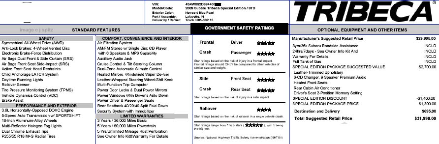 2009 Tribeca SE window sticker