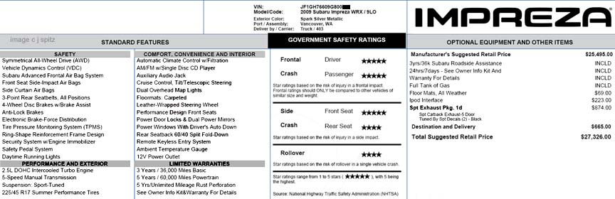 2009 WRX 5 door wagon window price sticker