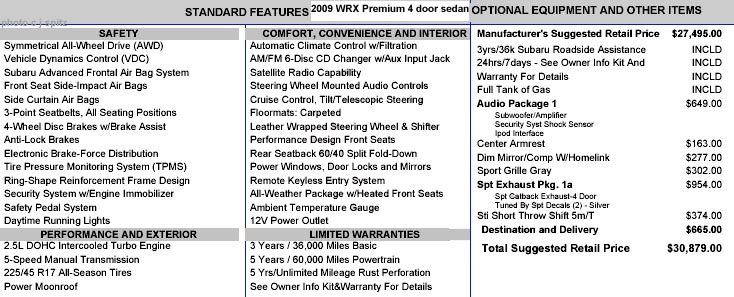 2009 WRX Premium 4door sedan window sticker